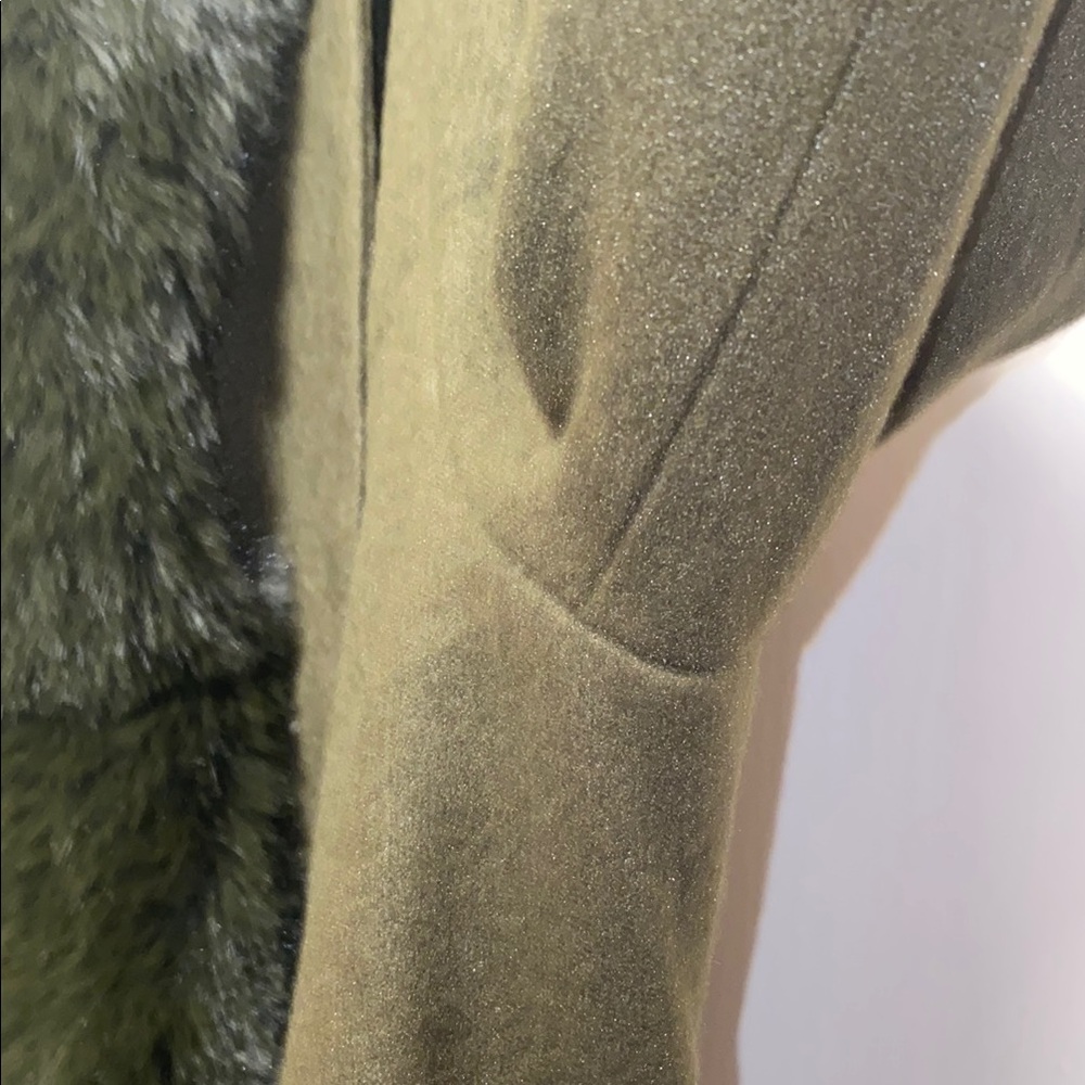 SHEIN LUNE Medium Olive Green Elegant Fuzzy Collar Belted Overcoat - Picture 8 of 12
